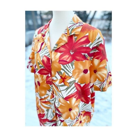 Vintage 90s Hawaiian Print Button Up Top Blouse Orange Red Sz 24W - Picture 2 of 7